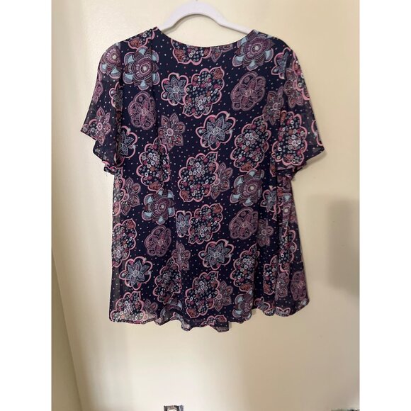 Lane Bryant Womens Floral Short Sleeve Navy Top Size 12 Boho Lagenlook - Picture 8 of 10
